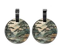 2 Pcs Round Luggage Tags, PU Leather Travel Bag Suitcase Tags with Privacy Cover - Beautiful Ukiyo-e