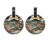 2 Pcs Round Luggage Tags, PU Leather Travel Bag Suitcase Tags with Privacy Cover - Beautiful Ukiyo-e