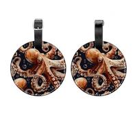 2 Pcs Round Luggage Tags, PU Leather Travel Bag Suitcase Tags with Privacy Cover - Brown Octopus
