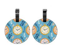 2 Pcs Round Luggage Tags, PU Leather Travel Bag Suitcase Tags with Privacy Cover - Cartoon Clock