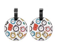 2 Pcs Round Luggage Tags, PU Leather Travel Bag Suitcase Tags with Privacy Cover - Cartoon Clock