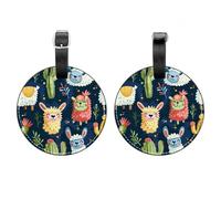 2 Pcs Round Luggage Tags, PU Leather Travel Bag Suitcase Tags with Privacy Cover - Cute Llama Alpaca Cactus