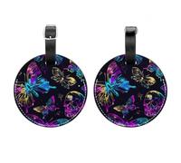 2 Pcs Round Luggage Tags, PU Leather Travel Bag Suitcase Tags with Privacy Cover - Neon Butterfly and Skull Pattern