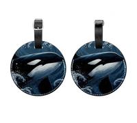 2 Pcs Round Luggage Tags, PU Leather Travel Bag Suitcase Tags with Privacy Cover - Orca