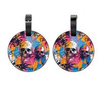 2 Pcs Round Luggage Tags, PU Leather Travel Bag Suitcase Tags with Privacy Cover - Skulls Spiderweb