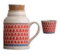 2 Pcs Ru Kiln Ceramic Carafe Cup Set, 15.5 oz Grass Ash Glaze Tea Warmer, Thousand Buddhas Pattern Mug, Chinese Style Stackable Cork Water Pitcher with Handle, for Office and Home Use