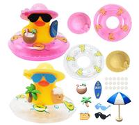 2 Pcs Rubber Duck Dashboard Accessories, Runner Ducks Bath Toy with 2 Ducks Hats Swimrings Surfboard Palm Tree Coconut Wine Glass Sunglasses Parasol Dot Stickers, Duck Bike Decoration Bedroom Ornament