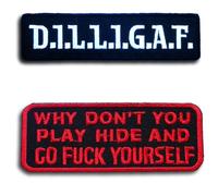 2 pcs Rude Biker Saying Patches Set - “DILLIGAF” & “Why Don’t You Play Hide and Go F* Yourself” - Funny Offensive Adult Humor Iron On or Sew On Embroidered Patch Pair