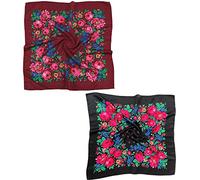 2 PCS Russian Ethnic Scarf Square Head Hair Scarves Printed Cotton Flowe Neck Scarf for Women Girls, Wine Red,black, One Size