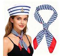 2 Pcs Sailor Hat and Scarf Set, Nautical Fancy Dress Costume Accessories, Captain Sailor Outfit Party Cosplay, Blue and White Striped Theme