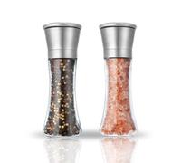 2 Pcs Salt and Pepper Grinder Set - Food Grade Stainless Steel Glass Bottle Shakers Adjustable Thickness and Size of Salt and Pepper for Condiment and BBQ[without Spice Content] (Tall)