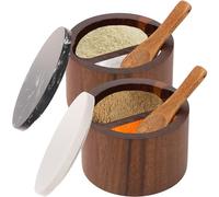 2 Pcs Salt Cellar Box with Built-In Spoon and Marble Lid Solid Natural Acacia Wood Bath Sea Salt Container Kitchen Spice Cooking Seasonings Keeper for Storing Pepper Sugar Sea Salts Herbs(Dual cell)