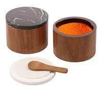 2 Pcs Salt Cellar Box with Built-In Spoon and Marble Lid Solid Natural Acacia Wood Bath Sea Salt Container Kitchen Spice Cooking Seasonings Keeper for Storing Pepper Sugar Sea Salts Herbs(Single cell)