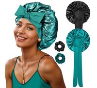 2 Pcs Satin Bonnet, Silk Bonnet Hair Wrap for Sleeping with 2 Scrunchie Soft Comfortable Night Cap for Curly Straight Natural Hair Women Girls (Black, Peacock Blue)