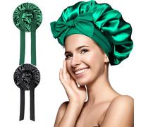 2 Pcs Satin Bonnet, Silk Bonnet with Elastic Band, Sleeping Silk Bonnet for Most Hair Types, Adjustable Satin Night Sleeping Cap for Sleeping,Skin Care,Cleaning and Make up (Black & Green)