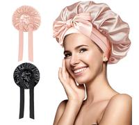 2 Pcs Satin Bonnet, Silk Bonnet with Elastic Band, Sleeping Silk Bonnet for Most Hair Types, Adjustable Satin Night Sleeping Cap for Sleeping,Skin Care,Cleaning and Make up (Black & Pink)