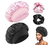 2 PCS Satin Night Hat with Elastic Bands and Hair Cards, Satin Bonnets, Night Sleep Cap, Elastic Sleep Bonnet Bath Cap for Women, Pink + Black