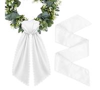 2 Pcs Scalloped Wreath Sash for Front Door, 55" Linen Ruffle Wreath Ribbon Blanks for Monogram Embroidery, Decorative Garland Bow for Porch Yard Wedding Baby Shower Decor(White)