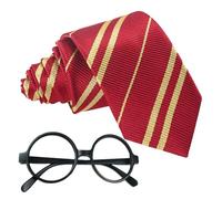 2 Pcs School Tie and Fake Glasses,Kids Tie Pretend Glasses for Harry Potter Costume Wizard Accessories,Uniform Ties,Cosplay Fancy Dress Party,World Book Day Costumes,for Boys/Girls/Adult (Red)