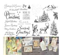 2 Pcs Season's Greetings Merry Christmas Holidays Winter Snowman Clear Rubber Stamps Pine Tree Bird Deer for Scrapbooking Craft Album Cardmaking Ink Seal Stamping DIY Gift Card