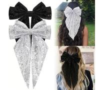 2 Pcs Sequin Bow Hair Clip, Big Bowknot Hairpin with Long Ribbon Glitter Bow,Double Layered Bow Design with Sparkling Sequins,90's Accessories for Women Girls Christmas Birthday (Black&Silver)