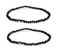 2 Pcs/Set 3mm Trendy Genuine Real Black Tourmaline Gemstone Bracelet Stack, Faceted Round Stretchy Beaded Bracelets for Women Men