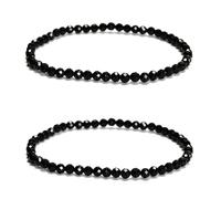 2 Pcs/Set 4mm Trendy Genuine Real Black Tourmaline Gemstone Bracelet Stack, Faceted Round Stretchy Beaded Bracelets for Women Men