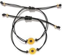 2 pcs/Set Cute Sunflower Bracelet Boho Friendship Bangle Wristband Jewelry for Couples Best Friends Women,Black Rope and White Card, One Size