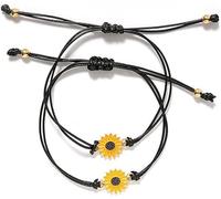 2 pcs/set Cute Sunflower Bracelet Boho Friendship Bangle Wristband Jewelry for Couples Best Friends Women Girl,Black Rope and White Card Practical and Professional