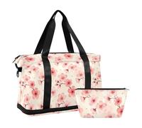 2 Pcs Set Duffel Bag Red Pink Cherry Bloom Carry on Weekender Overnight Bag with Toiletry for Airplane Traveling