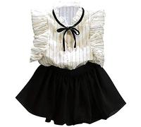 2 Pcs Set Girl's Striped Flying Sleeve Lotus Collar Tops and Shorts Clothes for 3-8 Years Girl (1,100)