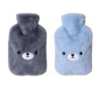 2 PCS Set Hot Water Bottle with Cover UK, 2L Long Bear Design in Grey and Blue，Long Hot Water Bottle with Fleece Cover, Grey and Blue Bear Designs, 20x33 cm Size, Versatile Warmth for Adults