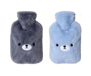 2 PCS Set Hot Water Bottle with Cover UK, 2L Long Bear Design in Grey and Blue，Long Hot Water Bottle with Fleece Cover, Grey and Blue Bear Designs, 20x33 cm Size, Versatile Warmth for Adults