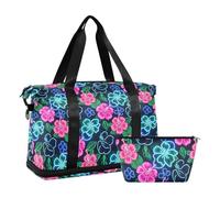 2 Pcs Set Large Bag Summer Neon Hibiscus Frangipani Flower Sports Duffel Bags with Adjustable Strap for Trekking