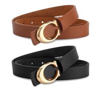 2 PCS set of women's jeans Belt, adjustable vintage belt, women's fashionable dress belts, shiny gold buckle belts, versatile ladies' slim belt, suitable for jeans, pants, dresses (khaki and black)