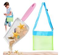 2 Pcs/Set Sand Sifter and Seashell Bag Stainless Steel Sand Shovel Mesh Beach Bag with Adjustable Strap for Kids for Seashell Collecting Rock Hunting Picking Up Seashells sifter for the beach