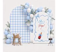 2 Pcs She's Ready to Pop Arch Cover Backdrop 7.2ft and 6ft for Soda Pop Baby Shower Decorations Gender Reveal Party, Checkered Backdrop with Coquette Bow Soda, Aesthetic Trendy Baby Shower Blue boy