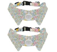 2 PCS Shirt Style Dog Collar, Pink Yellow Florals Blue Background Adjustable Pet Collars with Bow Tie, Cute Cat Bow Tie Ring for Small Medium Boys Girls Cats Dogs Puppies