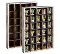 2 Pcs Shot Glass Display Case, Retro Wooden Shot Glass Shelf with Removable Shelves, Wall Mounted Shadow Box Thimble Display Case, 30 Slots