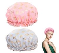 2 Pcs Shower Cap,Hair Caps Waterproof Washing Crown Ear Covers Reusable Anti Bath Cute Double Layer Keeping Dry Hat No Rinse Shampoo Shield Unisex Elastic Pink Green,for Women Kids Long Ponytail Cover