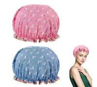 2 Pcs Shower Cap,Hair Caps Waterproof Washing Crown Ear Covers Reusable Bath Satin Anti Double Layer Keeping Dry Hat No Rinse Shampoo Shield Unisex Elastic Pink Blue,for Women Kids Long Ponytail Cover