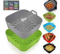 2 PCS Silicone Air Fryer Liners 9 Inch Square Easy Cleaning Airfryer Silicone Liners for 6-9 QT Frying Basket, Heat Resistant Reusable Ninja Air Fryer Accessories (Grey+Green)