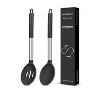 2 Pcs Silicone Cooking Spoons, Solid and Slotted Spoon Set, Non-Stick BPA Free Heat-Resistant Basting Kitchenware for Soup, Serving, Draining, Stirring（Black）