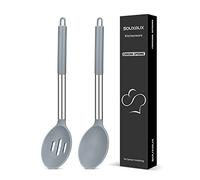 2 Pcs Silicone Cooking Spoons, Solid and Slotted Spoon Set, Non-Stick BPA Free Heat-Resistant Basting Kitchenware for Soup, Serving, Draining, Stirring（Grey）