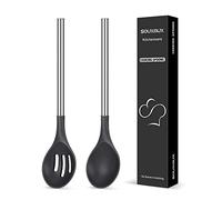 2 Pcs Silicone Cooking Spoons, Solid and Slotted Spoon Set, Non-Stick BPA Free Heat-Resistant Basting Stainless Steel Handle Kitchenware for Cooking, Soup, Serving, Draining, Stirring (Black)