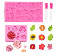 2 PCS Silicone Flower Moulds with 2 Droppers, 3D Floral Rose Silicone Mould and Daisy Fondant Mould for Cupcake DIY Chocolate Jelly and Crafting Soap Clay Ice Cube