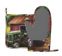 2 Pcs Silicone Oven Mitts and Pot Holders Set Tractor on The Farm Oven Glove and Potholders Silicone Heat Resistant BBQ Gloves Hot Pads Cooking Gloves for Kitchen Baking Grilling