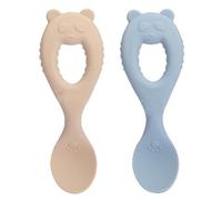 2 PCS Silicone Self-Feeding Spoons, First Stage Weaning Tools for Babies, Soft and Safe Training Utensils in Blue and Beige, Ideal for Early Feeding Development