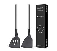 2 Pcs Silicone Wok Spatulas, Solid and Slotted Spatula Set, Non-Stick BPA Free Heat-Resistant Basting Stainless Steel Handle Kitchenware for Cooking, Baking, Flipping Eggs, Pancake, Burgers,Fish