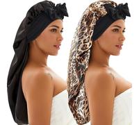 2 Pcs Silk Bonnet for Sleeping, Braid Satin Bonnet with Tie Band Sleep Cap for Women Men Long Curly Hair Braids Black (2 Pcs-Black & Leopard)
